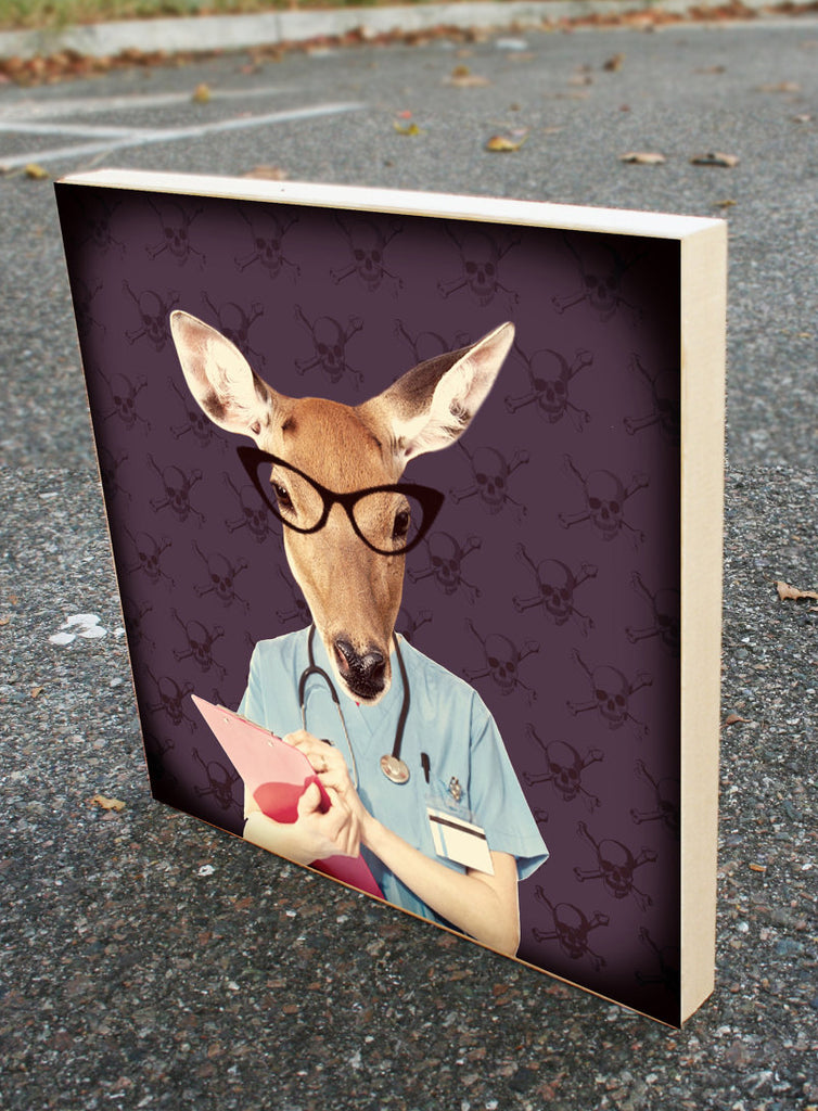 Doctor Deer Wood Block Graphic Art Print 8x8