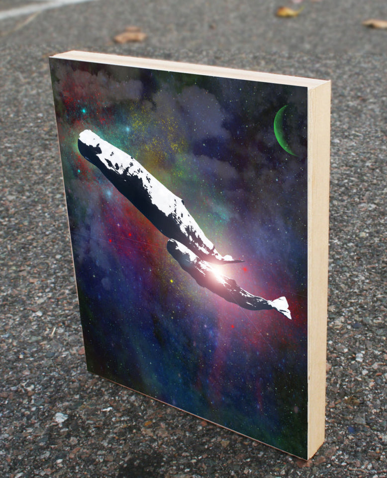 Whales in Space Wood Block Graphic Art Print 8x10